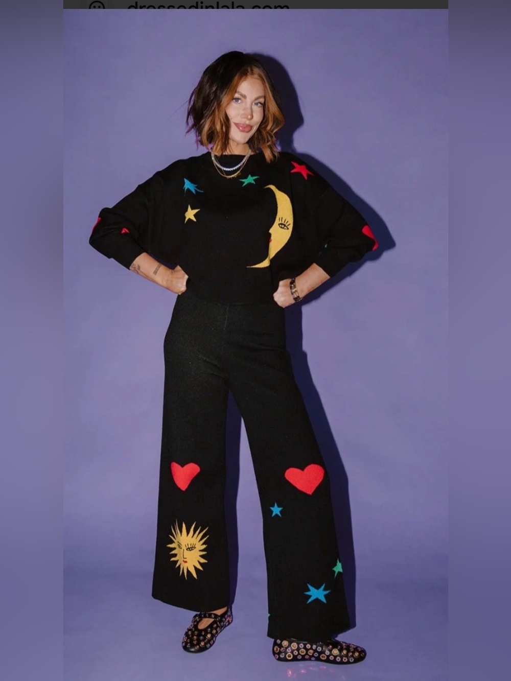 Dressed in Lala Black Wide-Leg Embroidered Heart & Celestial Pants and top